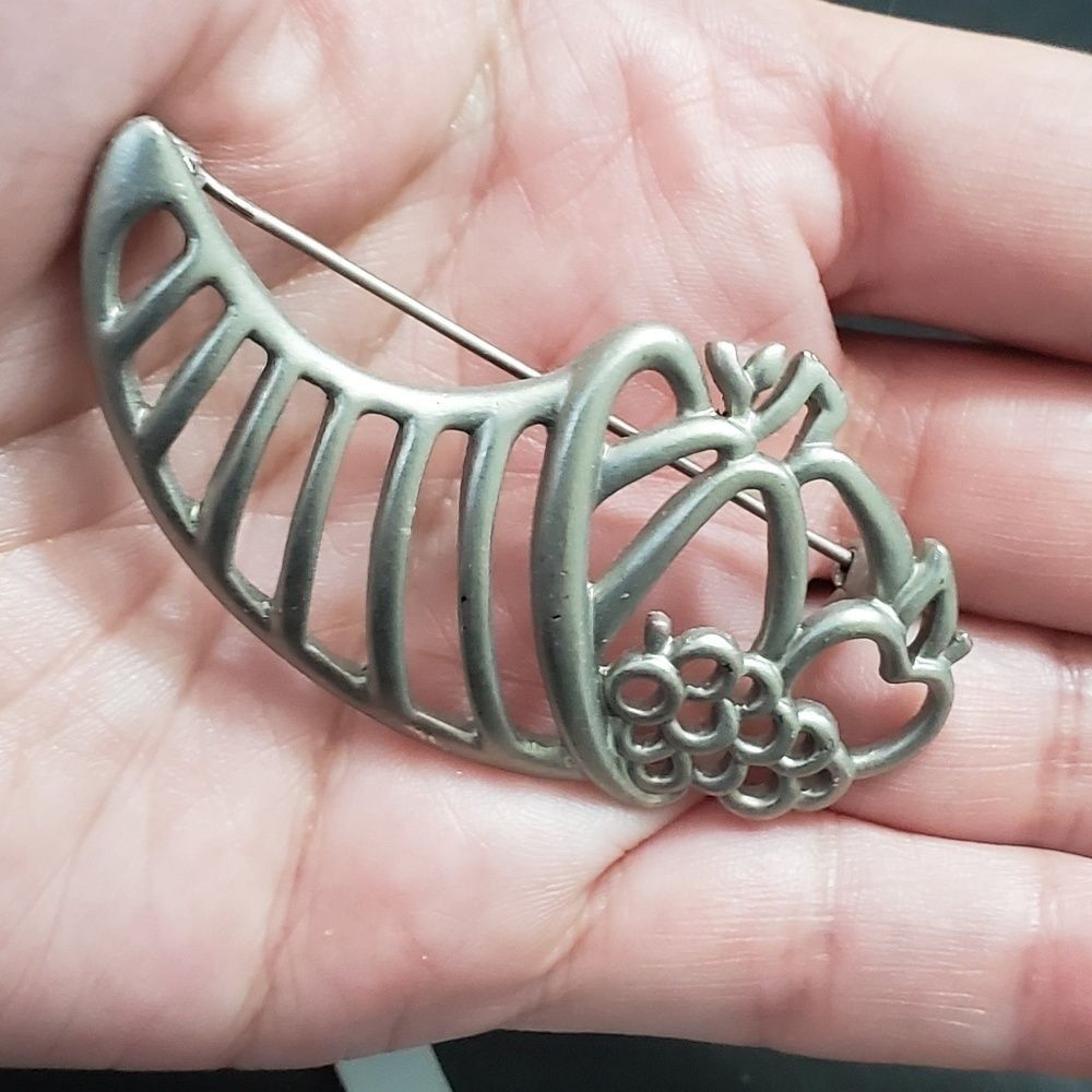 Silver Tone Fall Cornucopia Brooch - image 2